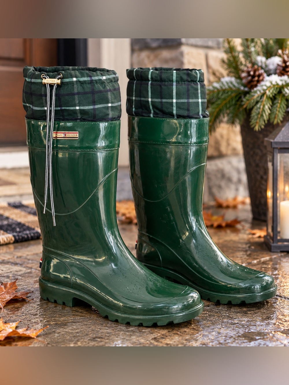 Tommy Hilfiger Rain Boots 9 Green Plaid Tall Wellies Preppy Equestrian Rubber